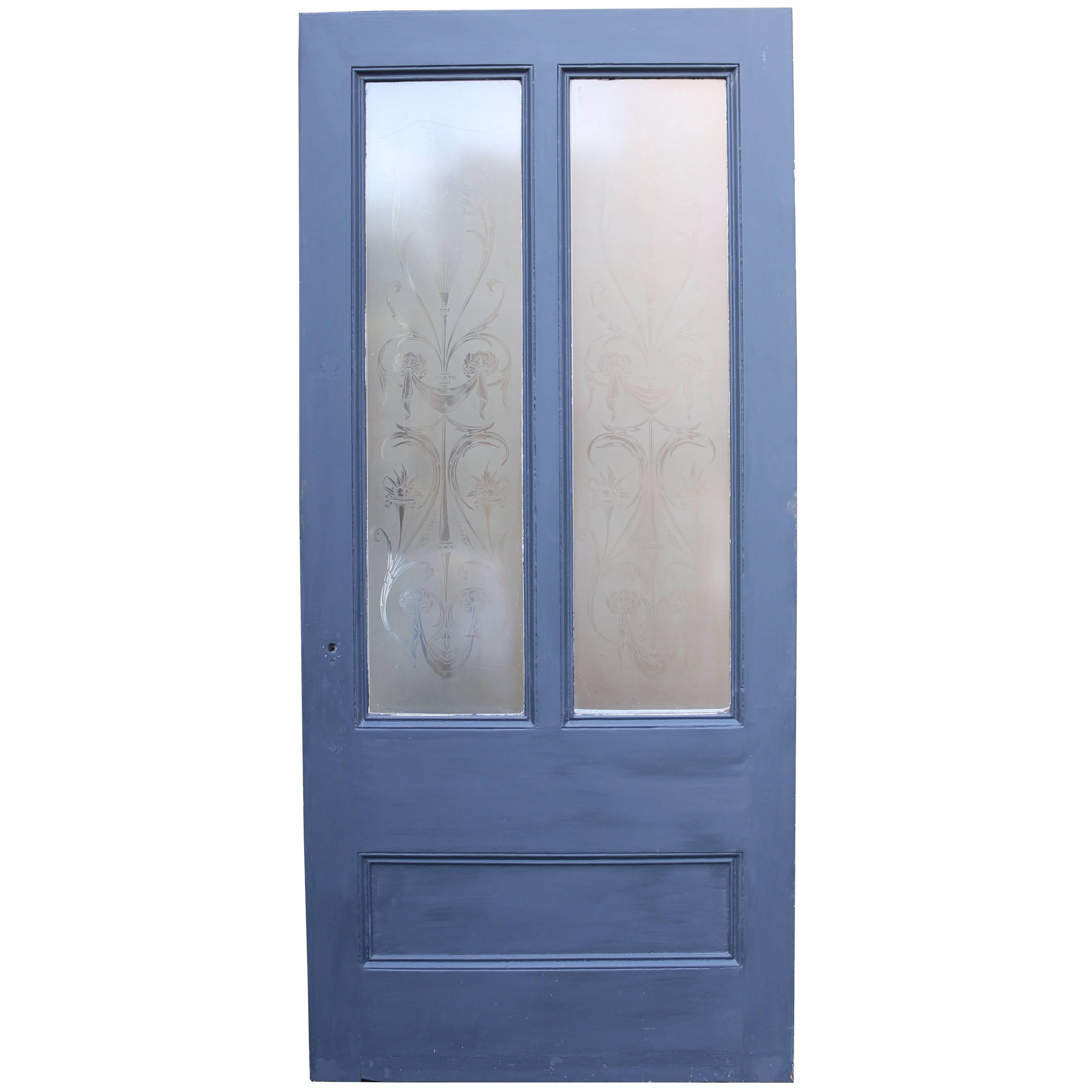 Antique Pine Door with Original Etched Glass