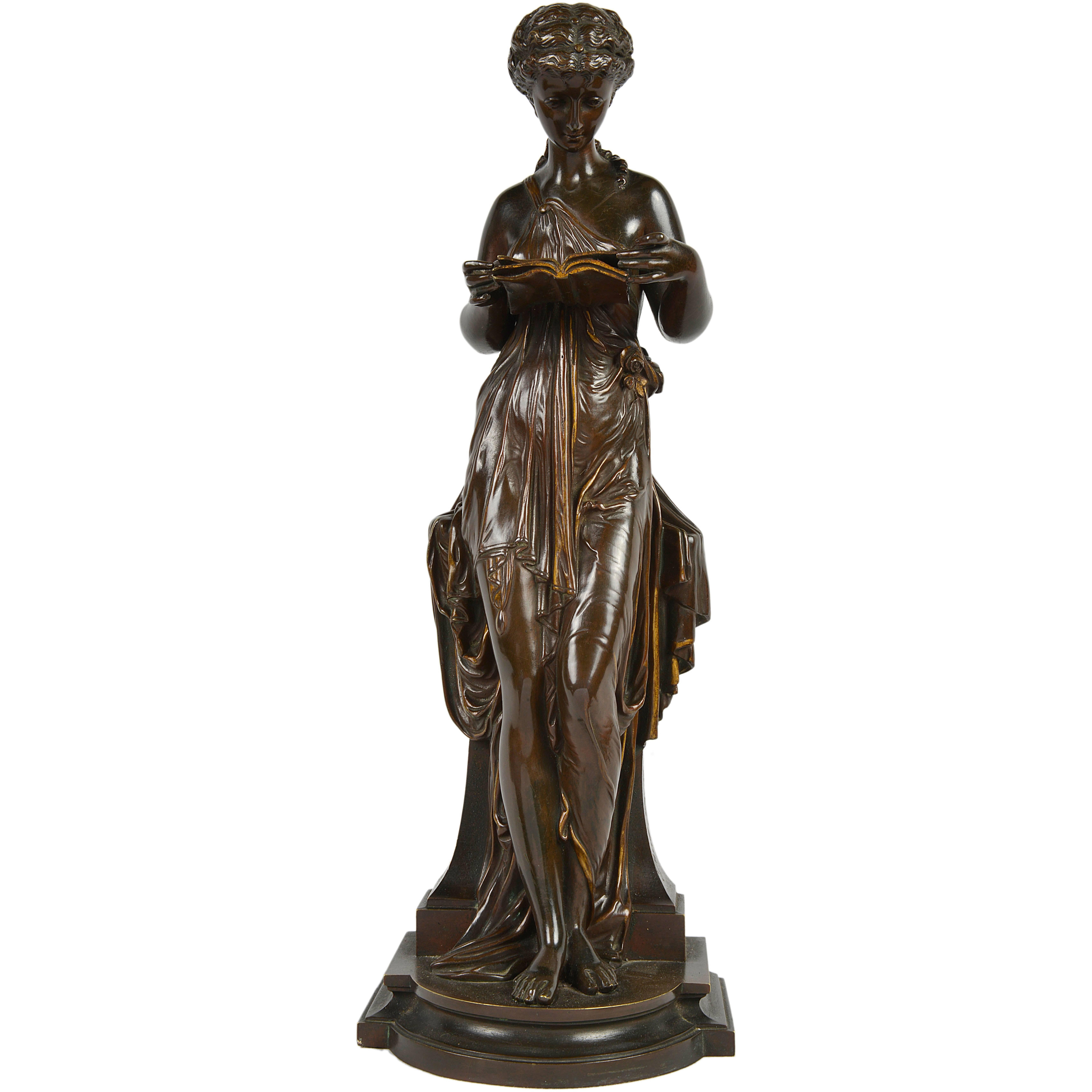 Classical Antique Bronze Statue of a Young Maiden Reading a Book