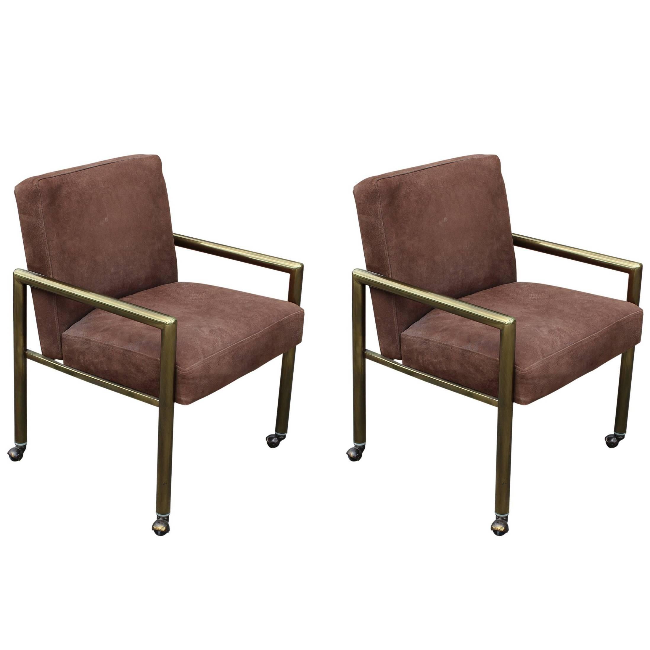Pair of Modern Brushed Brass and Brown Suede Dining or Lounge Chairs