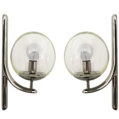 Impressive Italian Chrome Wall Sconces with Signed Venini Glass Ball Shades 5