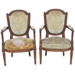Pair of Antique Louis XVI Style Carved Walnut Fauteuils Arm Chairs