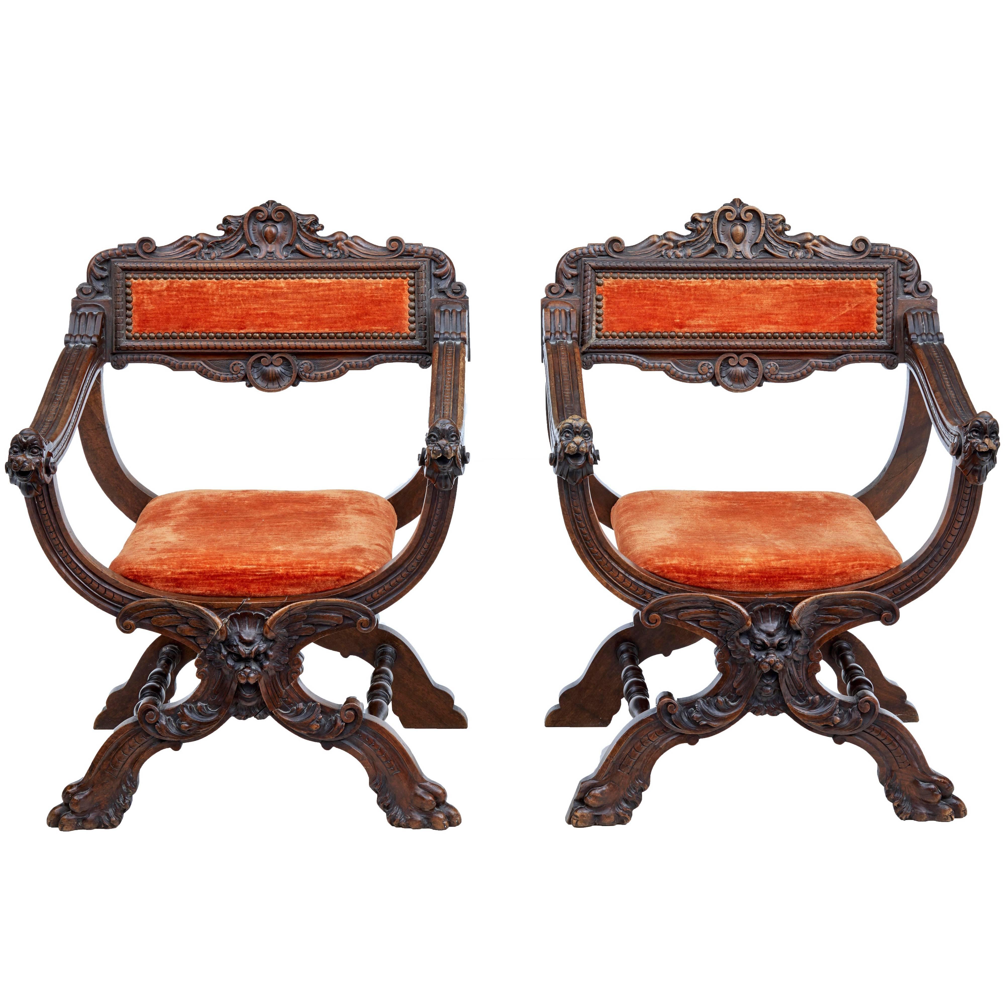Pair of 19th Century Italian Carved Walnut Savonarola Chairs