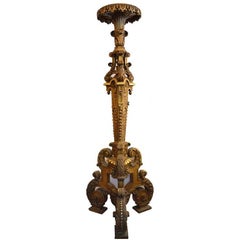 Tall Antique Hand-Carved Gilt Floor Candle Stand Torchiere