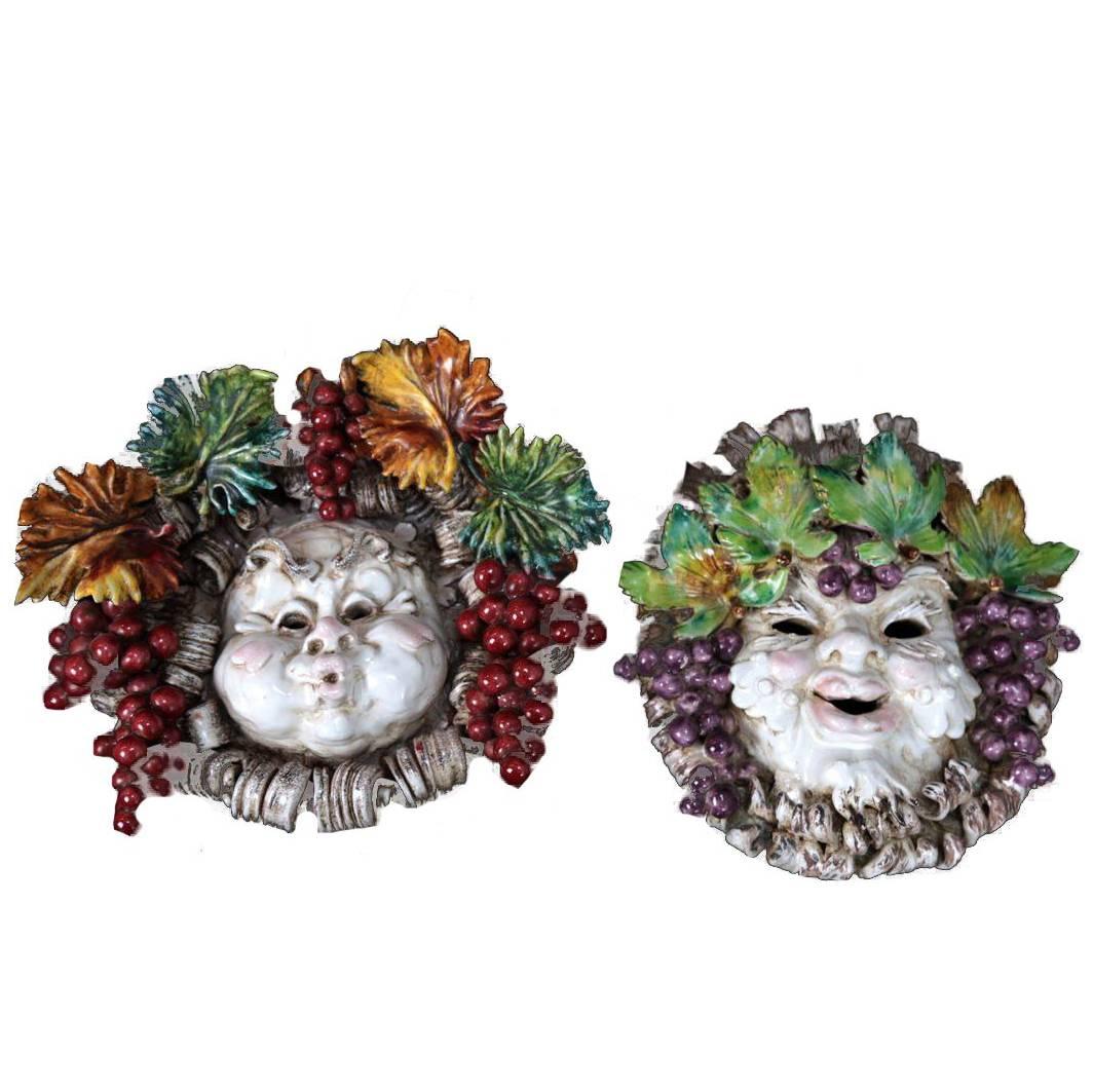 Majolica Busts Wall-Mounted Reliefs, Pair