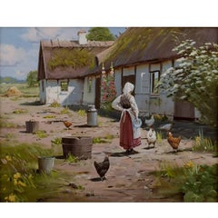 Oil on Canvas, Roald Hansen Idyllic Exterior with Thatched House