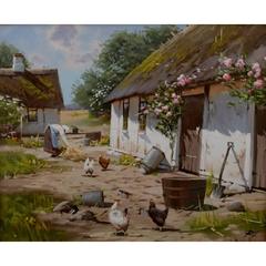 Öl auf Leinwand:: Roald Hansen Born:: 1938 Idyllischer Außenbereich mit Strohdachhaus