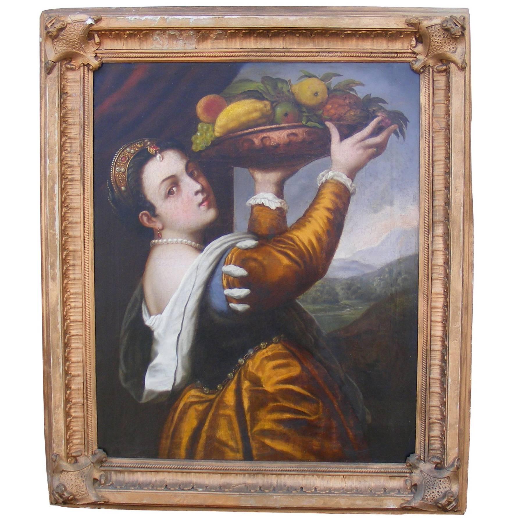 Antique Oil on Canvas Painting Depicting Titians Daughter, Carl De Calzada, 1866 For Sale