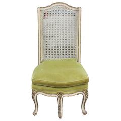 French Louis XIV Five Legged Cane Back Chair in Green Velvet