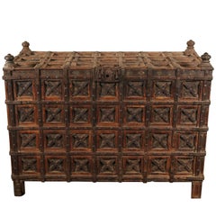 Massive Antique Indian Carved Wood Dowry Chest