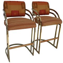 Vintage Mid-Century Milo Baughman Flat Bar Gold Brass Cantilever Bar Stools 7