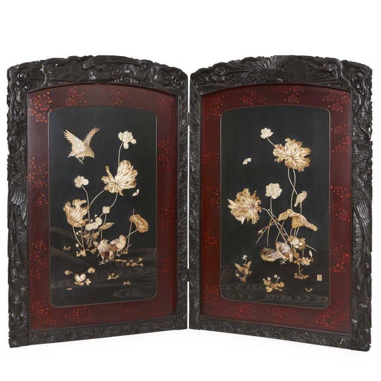 Folding Carved Wood Antique Japanese Shibayama Screen from the Meiji Period  For Sale