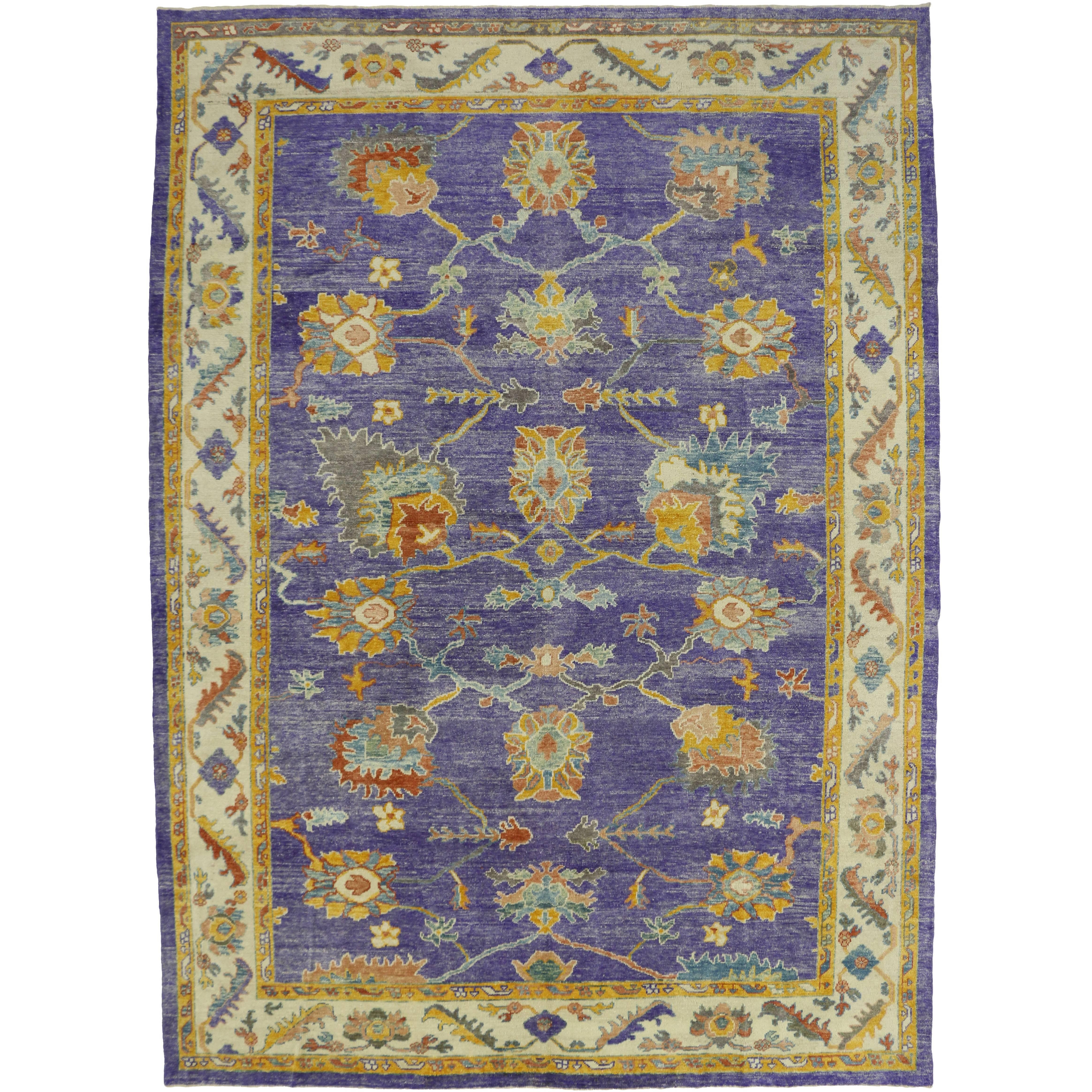 Contemporary Turkish Oushak Purple Area Rug with Modern Style and Memphis Design