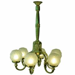 Early Art Deco Brass Chandelier with Frosted Globe Shade ** Saturday Sale **