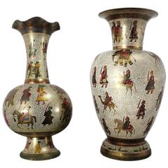 Pair of Etched and Enameled Cast Brass Vases Kashmiri Indo Persian Vases 8