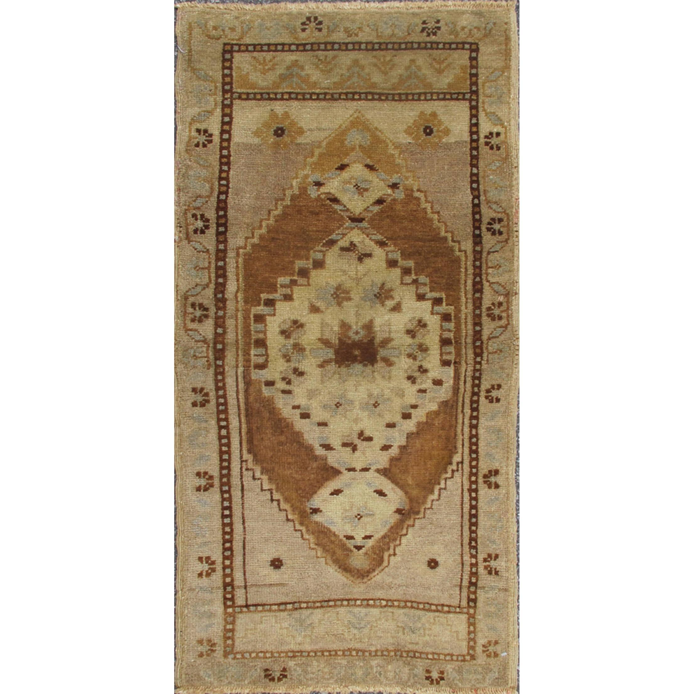 Small Turkish Oushak Carpet with Central Medallion in Light Brown, Taupe & Gray