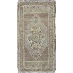 Small Turkish Oushak Carpet with Central Medallion in Green, Gray, Blue & Taupe