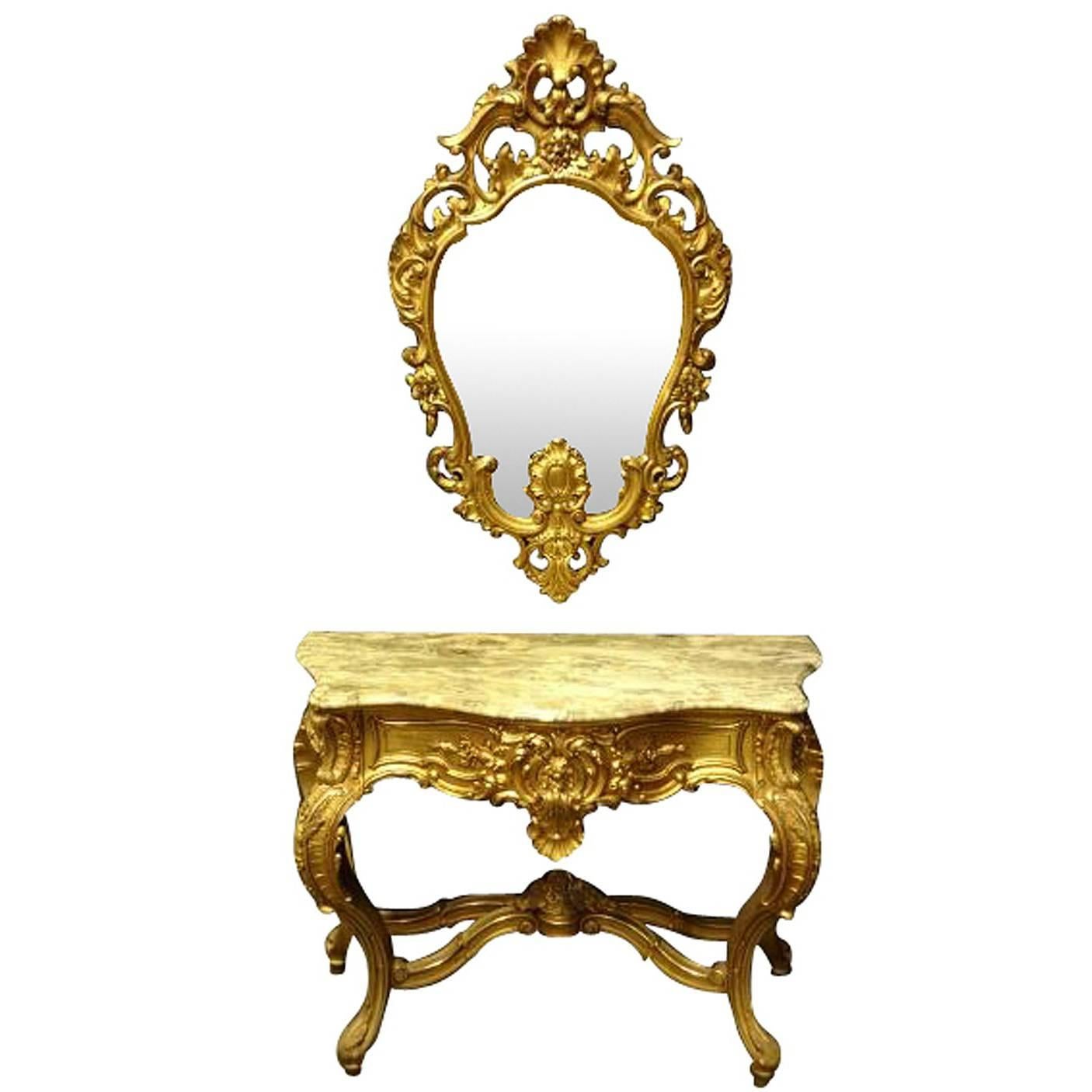 French Gilt amd Marble Topped Console Table with Matching Mirror early C20th For Sale