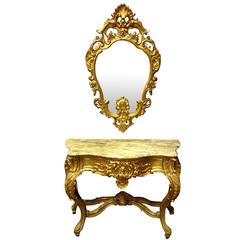 French Gilt amd Marble Topped Console Table with Matching Mirror early C20th