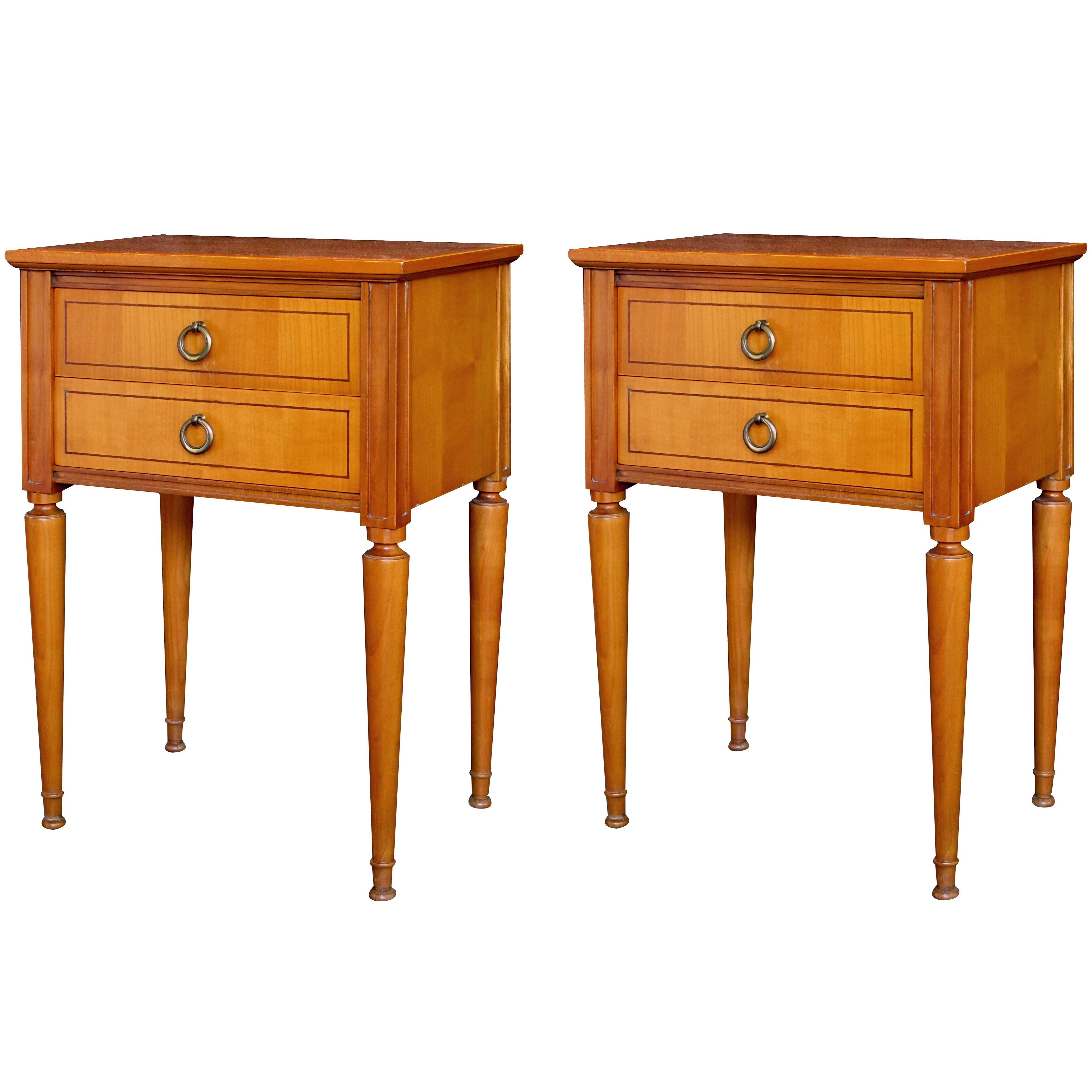 Stylish Pair of French Mid-Century Modern Sycamore Two-Drawer Bedside Cabinets For Sale