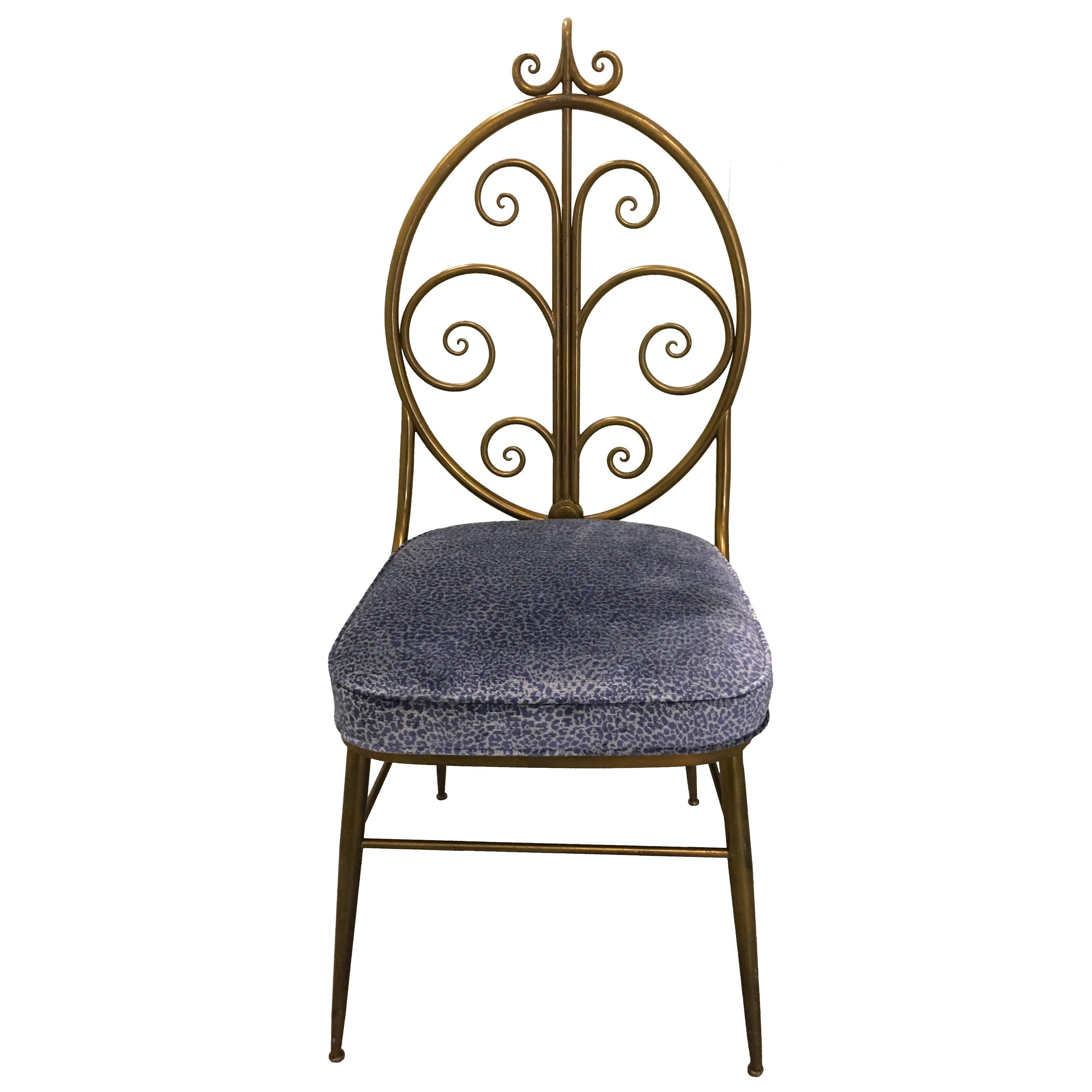 Italian Brass Chiavari Chair with Blue Leopard Upholstery