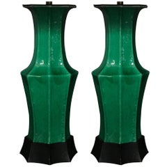 Pair of Antique Green Glaze Chinese Vase Lamps