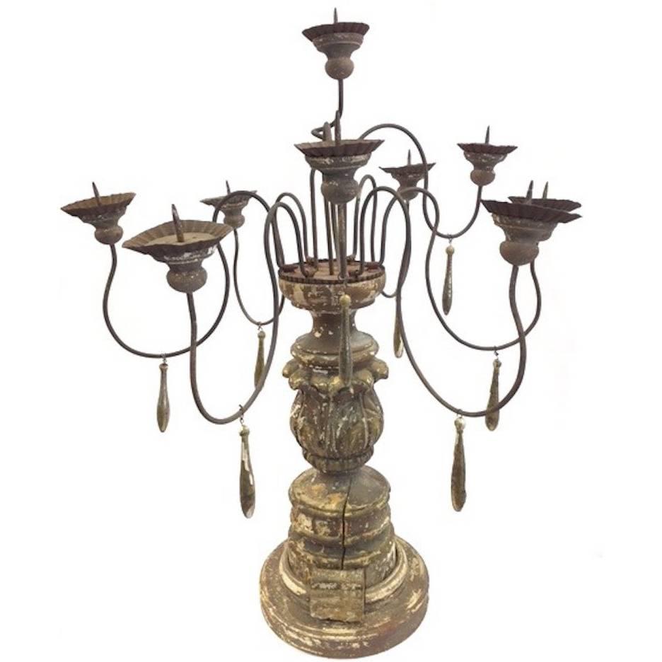 Antique Portuguese Candelabra with Polychrome Finish and Rusted Iron Details For Sale