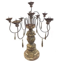Vintage Portuguese Candelabra with Polychrome Finish and Rusted Iron Details