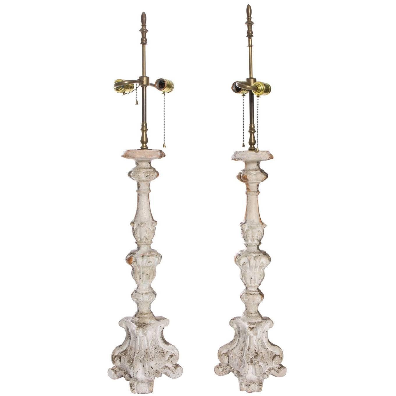 Silver Giltwood Candlestick Lamps
