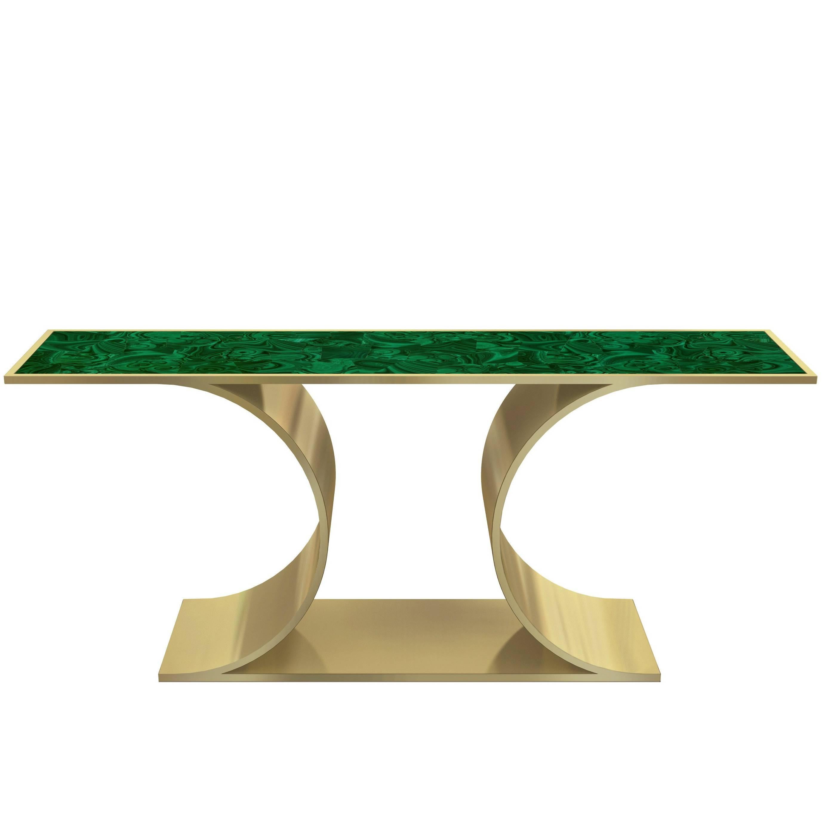 Laure Brushed Brass and Malachite Console Table For Sale