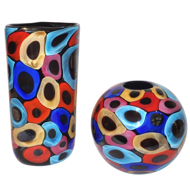 Camozzo 1990 Modern Black Azure Blue Red Pink Yellow Murano Glass Vases