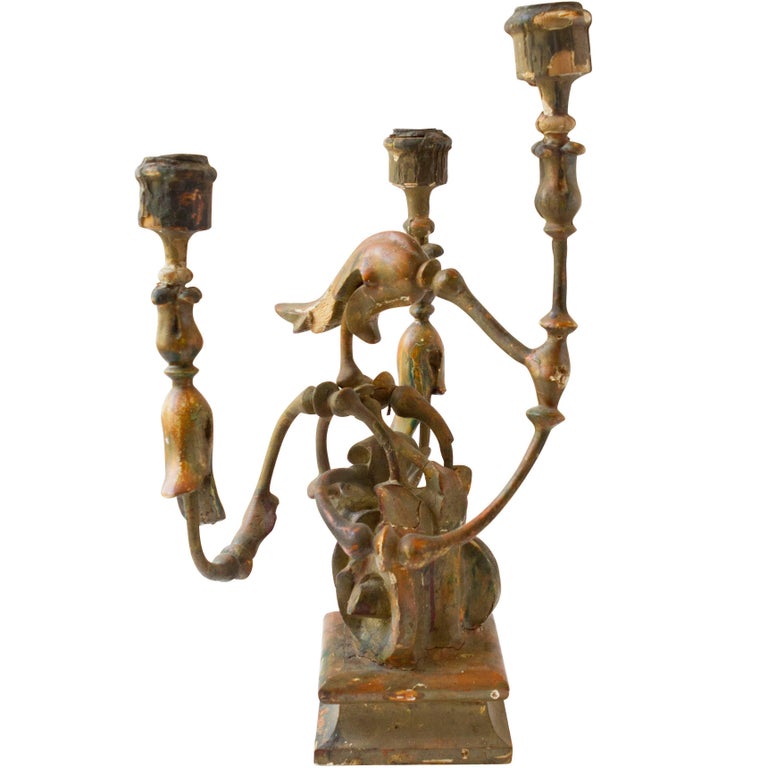 Pair of 18th Century Italian Iron and Wood Three-Light Candelabra For Sale