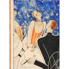 "Martinis on a Starlit Night, " Quintessential Art Deco Painting by Reynolds