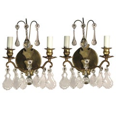 Pair of French  Double Arm Brass Crystal Sconce