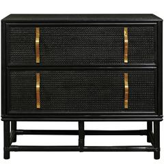 Elegant Restored Black Lacquer Raffia Commode in the Style of Parzinger