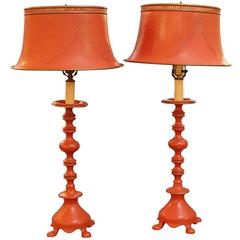 1950s Pair of Orange Metal Tole Table Lights with Floral Design