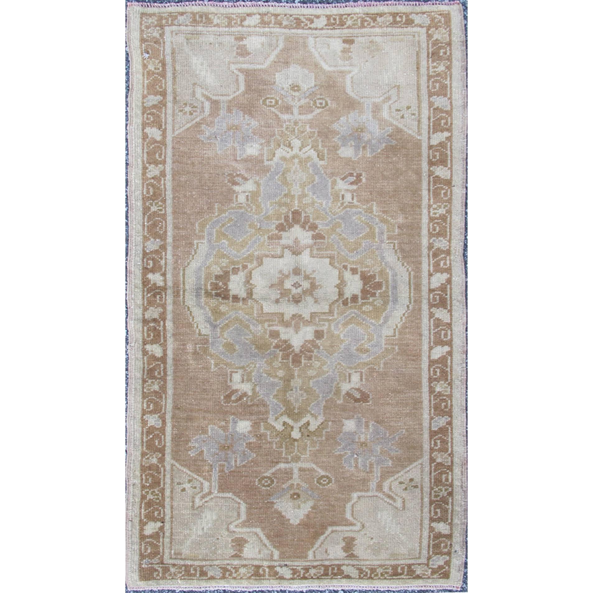 Vintage Turkish Oushak Rug with Central Medallion in Brown, Taupe, Ivory & Grey