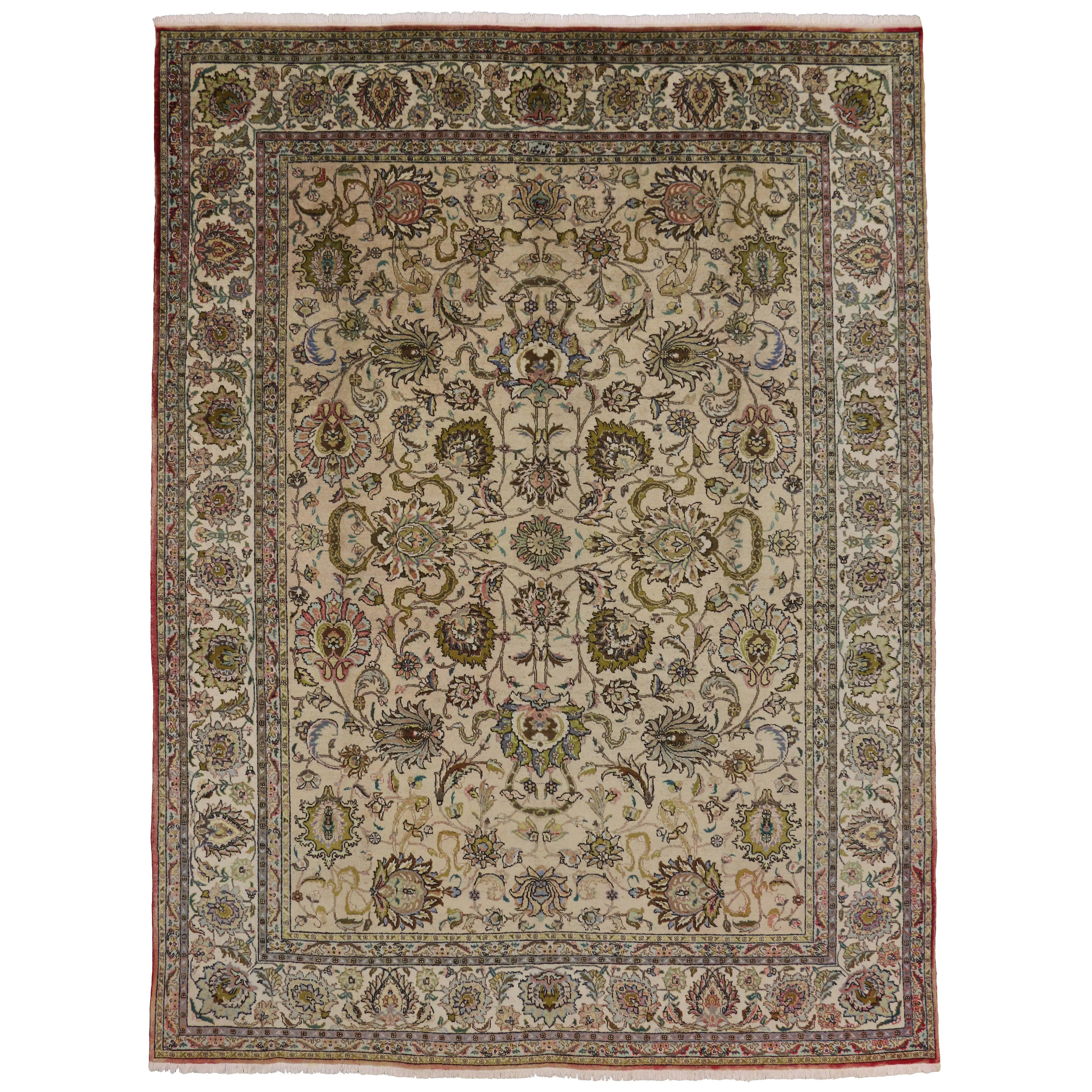 Vintage Persian Tabriz Area Rug with French Provincial Cottage Style For Sale