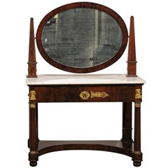 19th Century French Empire Flame Mahogany Marble Top Dressing Table with Mirror