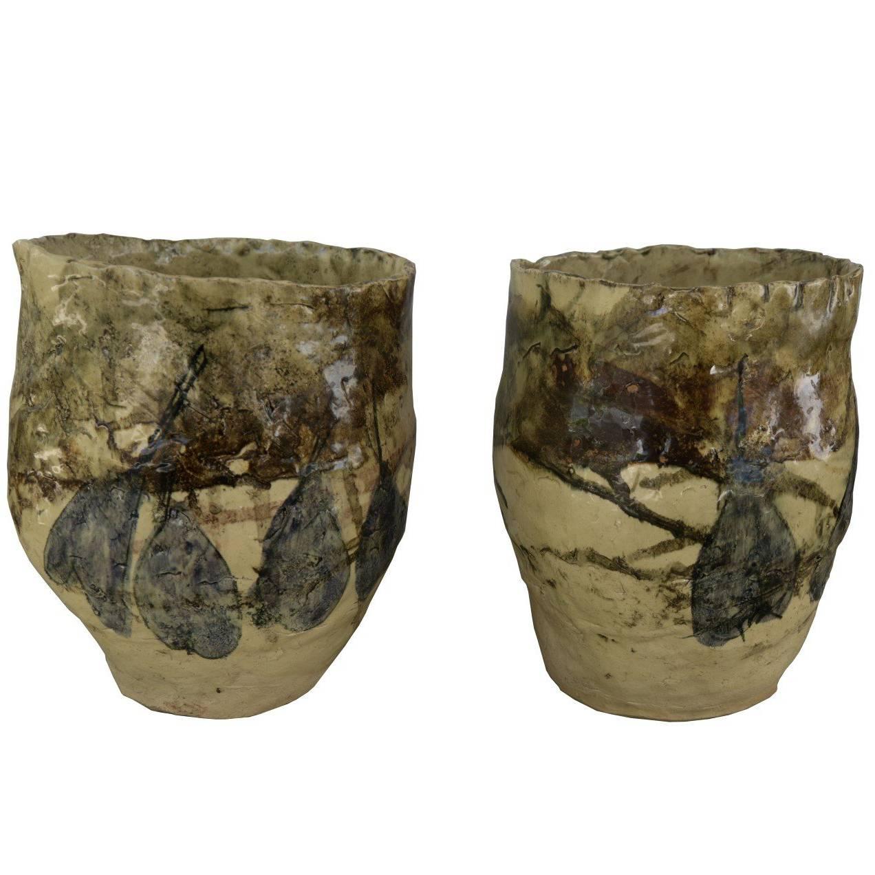 French Mid-Century Modern Pair of Hand Thrown Terra Cotta Vases in Yellow Glaze For Sale