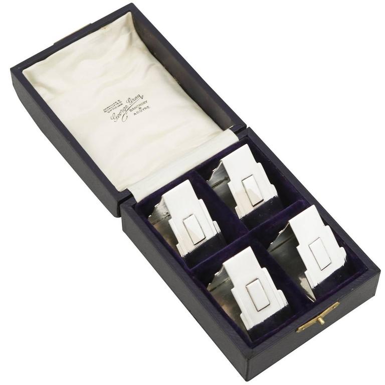 Antique Sterling Silver Napkin Rings Set of Four, Art Deco Style at