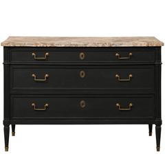 French 19th Century Dark Chest of Drawers with Faux Marble and Brass Accents