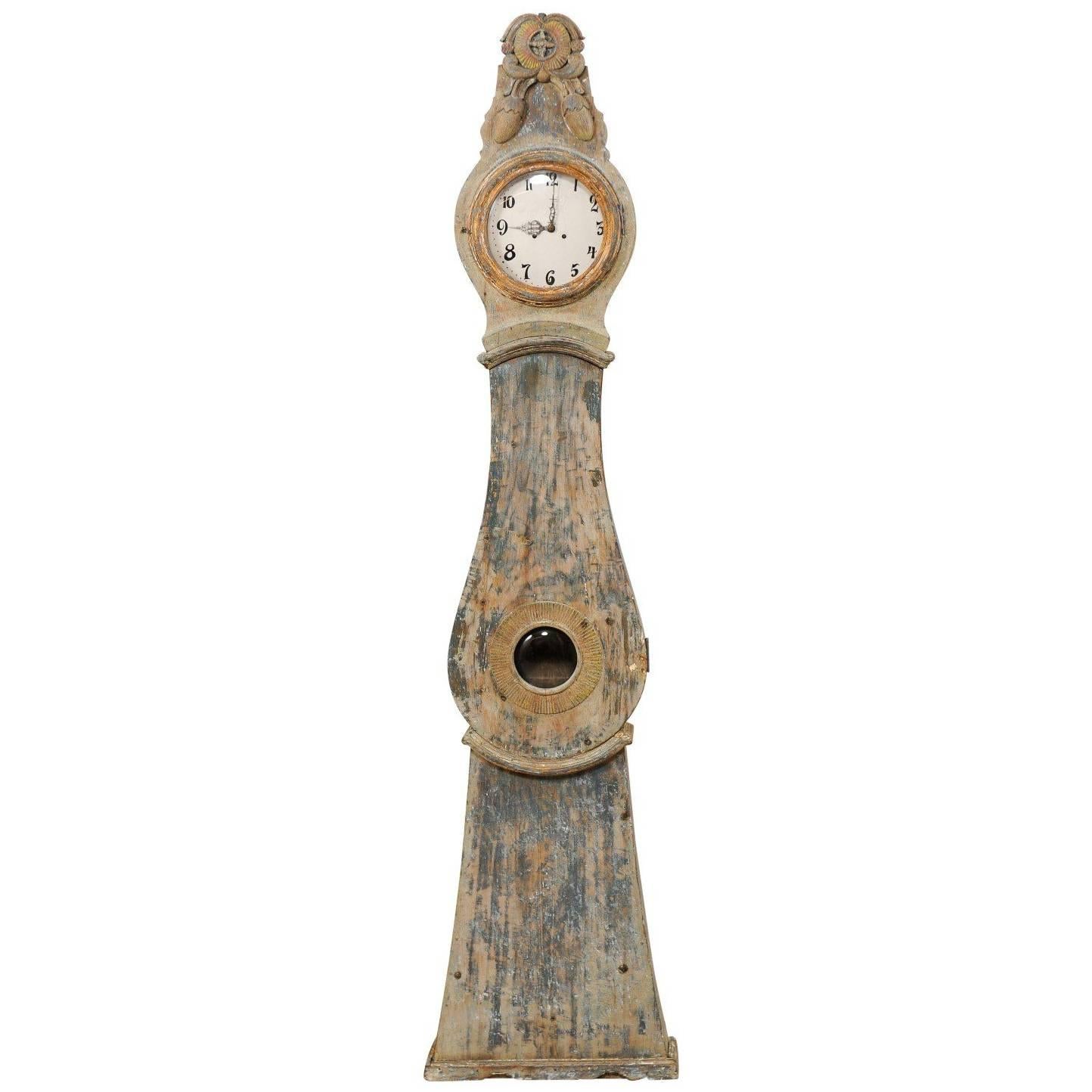 A Swedish 19th C. Long-Case or Floor Clock w/ Beautifully Exaggerated Crown For Sale