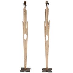 Pair of 19th Century Italian Wood Fragment Shorter Floor Lamps with Cut Outs