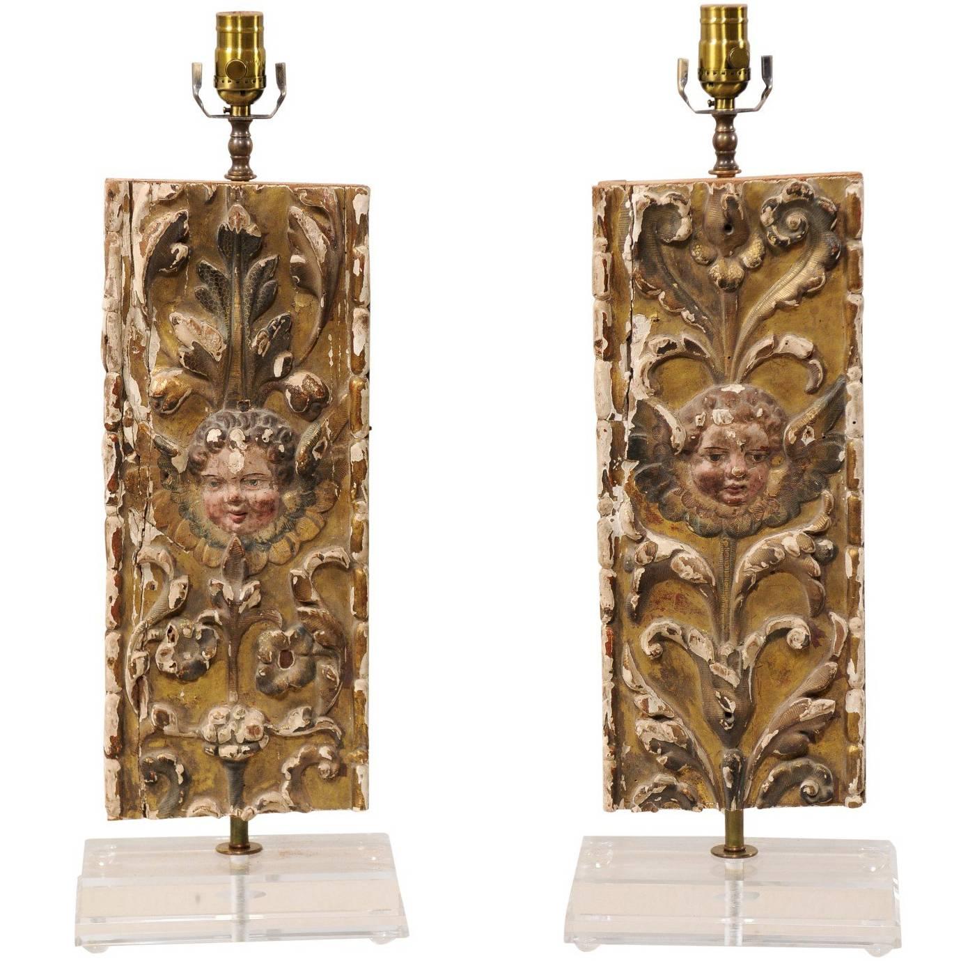 Pair of Italian 18th Century Gilded and Carved Wood Fragment Table Lamps