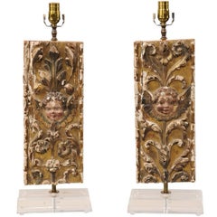 Antique Pair of Italian 18th Century Gilded and Carved Wood Fragment Table Lamps