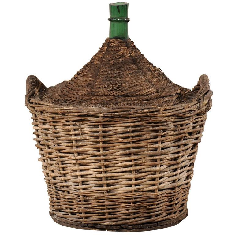 French MidCentury Handwoven Basket with a Large Demijohn Glass Wine