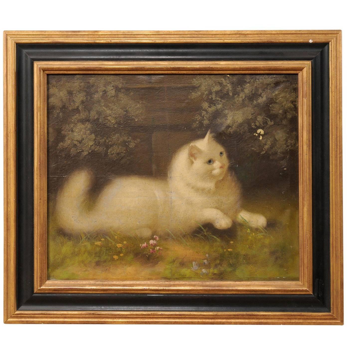 Peinture à l'huile d'un chat persan blanc par l'artiste hongrois bien connu Beno Boleradsky
