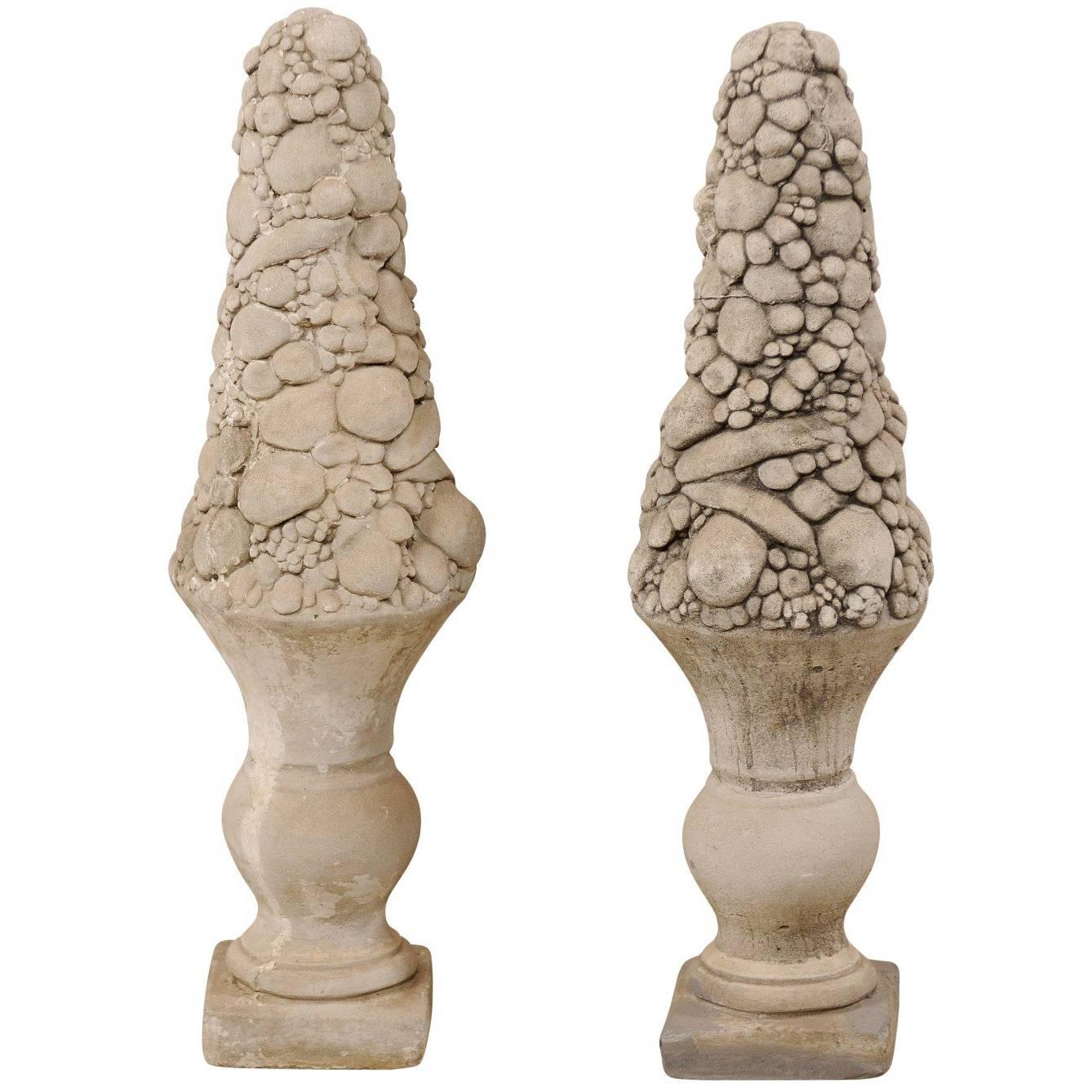 Pair of Mid-20th Century Outdoor Cast Stone Unique Fruit Motif Topiaries