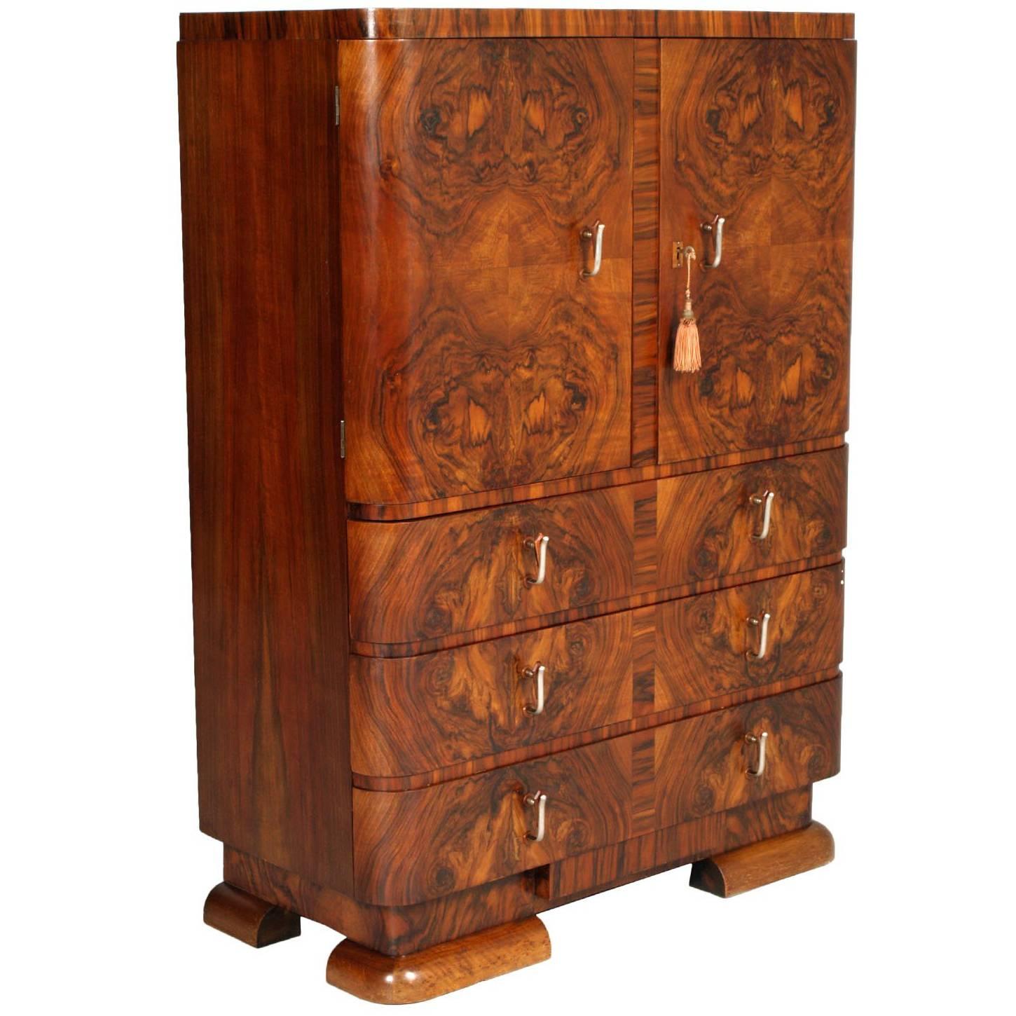 1930s Art Deco Cabinet Dresser in Burl Walnut by Crafts Cantu