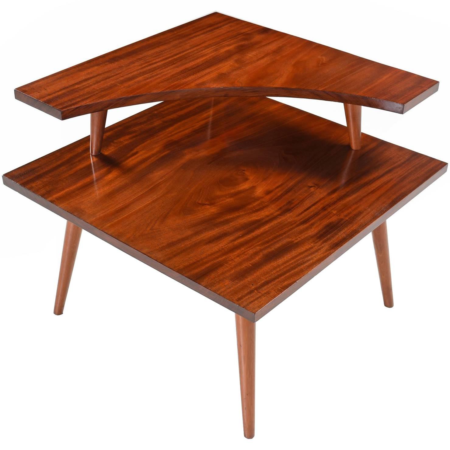 Restored Solid Mahogany Two Tier Danish Modern Corner Table, 1950's